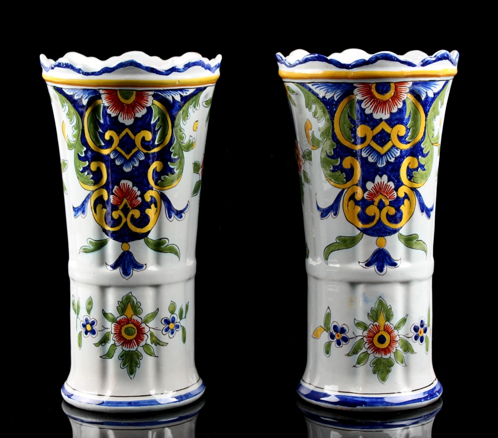 Property of a lady - a pair of Rouen faience vases, each 10.5ins. (26.7cms.) high (2) (see