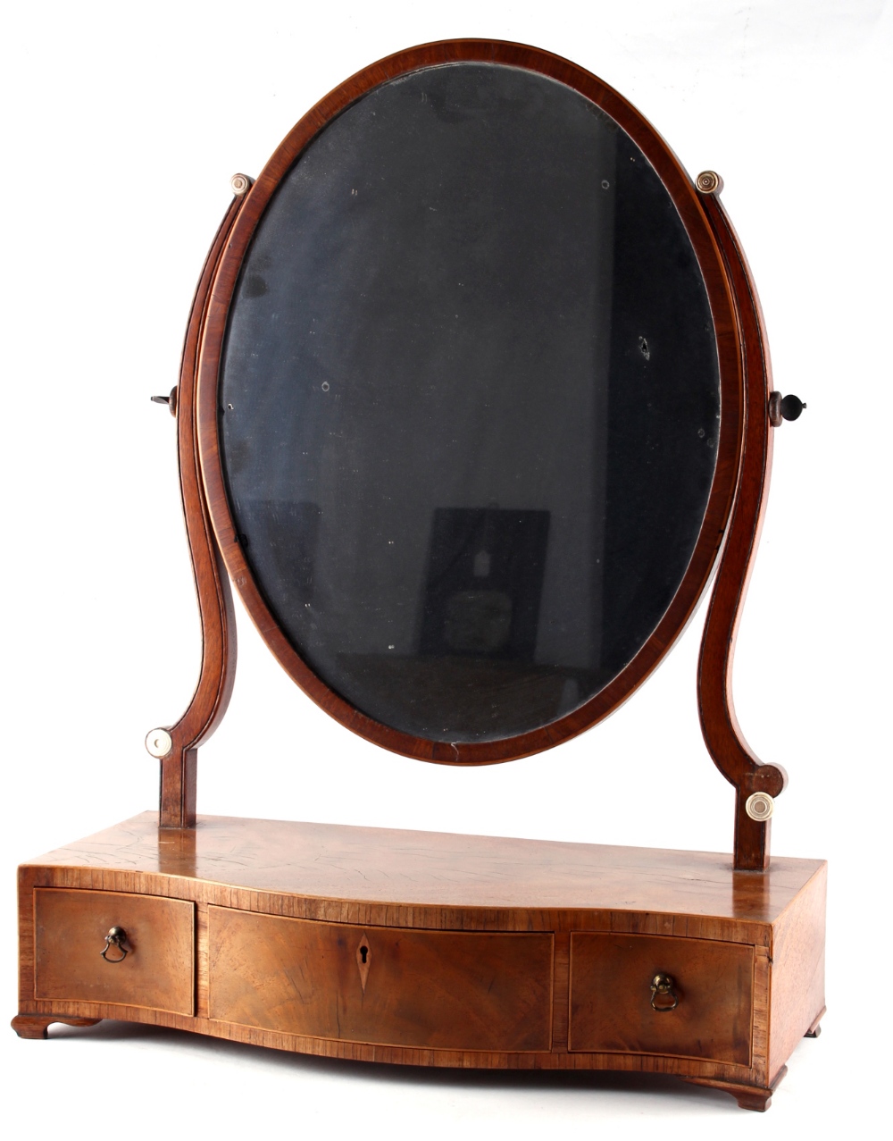 Property of a lady - a George III mahogany & boxwood strung oval swing-frame toilet mirror, with