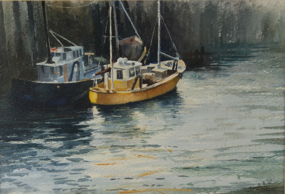 Property of a lady - Clark (20th century) - FISHING BOATS ALONGSIDE HARBOUR WALL - watercolour, 8.