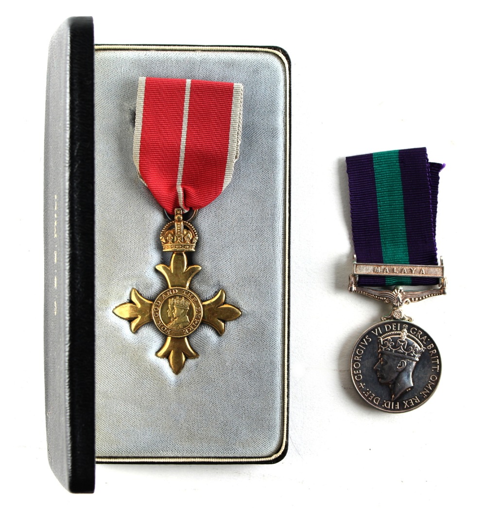 Property of a lady - medals - a boxed George VI MBE (military); together with a GSM with Malaya