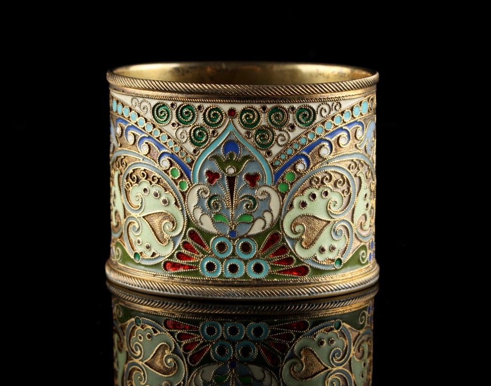 Property of a lady - a Russian silver & cloisonne oval pot, with engraved initials DT, 2.3ins. (5.