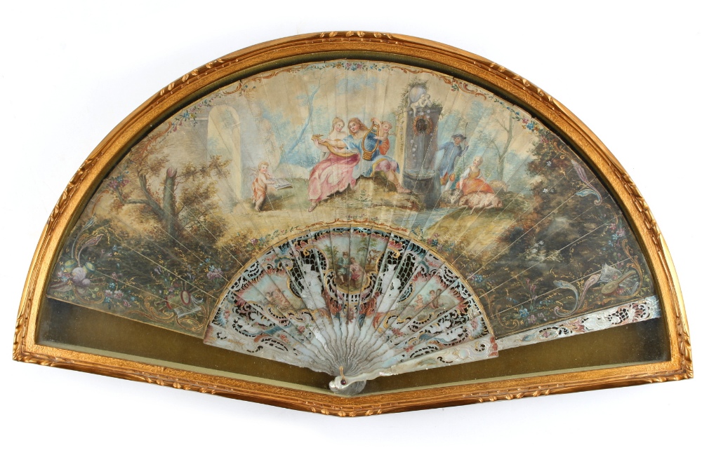 Property of a deceased estate - a good Italian painted fan, circa 1770, with carved, pierced &