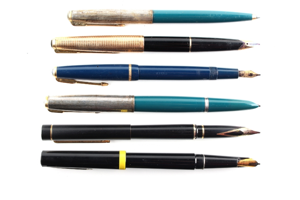 Property of a gentleman - six pens including a teal blue Parker 51 fountain pen with matching