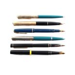 Property of a gentleman - six pens including a teal blue Parker 51 fountain pen with matching