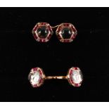 A pair of unmarked yellow gold mounted rock crystal ruby & diamond cufflinks, probably