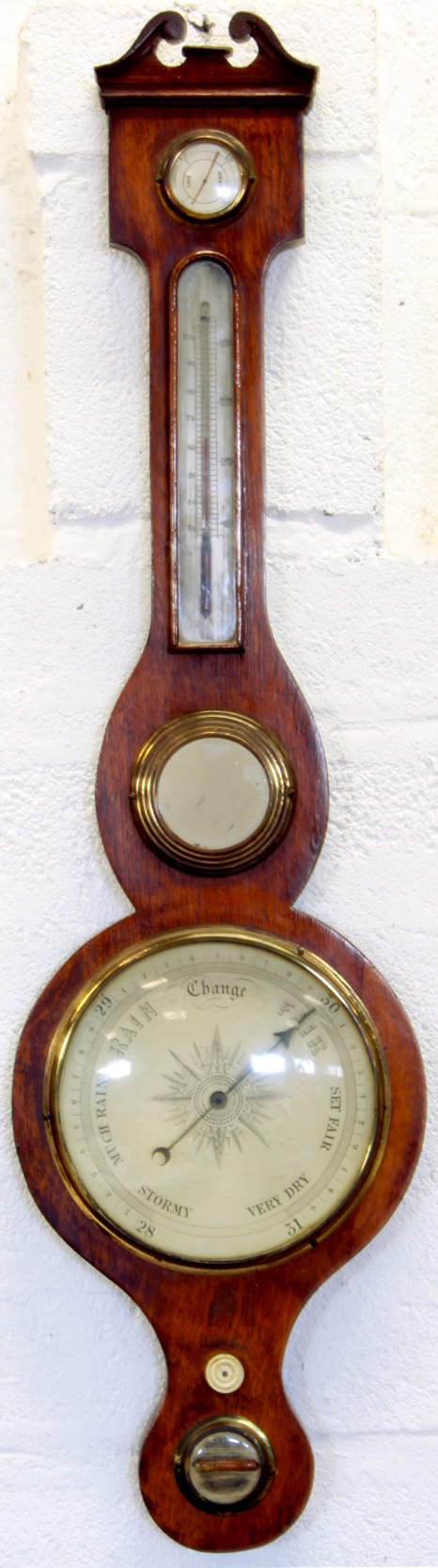 Property of a deceased estate - a 19th century oak cased banjo barometer & thermometer, with swan-