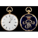 A late 19th century Patek Philippe 18ct yellow gold fob watch, the navy blue guilloche enamel back
