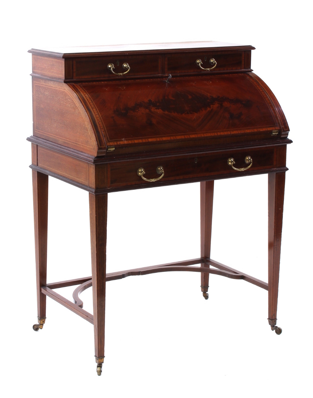 Property of a lady - an Edwardian mahogany & satinwood banded cylinder bureau, the fitted interior