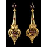 A pair of 19th century French 18ct yellow gold & cabochon garnet pendant earrings, one with eagle