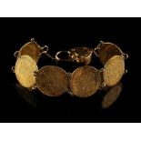 Property of a lady - a gold bracelet formed from six gold guinea coins, dated 1714, 1774, 1777,
