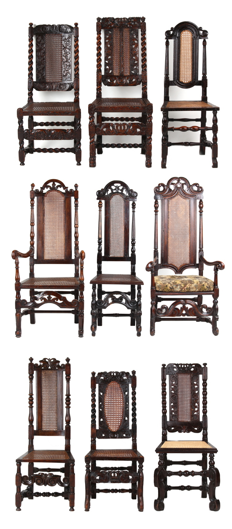 Property of a lady - a harlequin set of nine late 17th century carved walnut & cane panelled high-