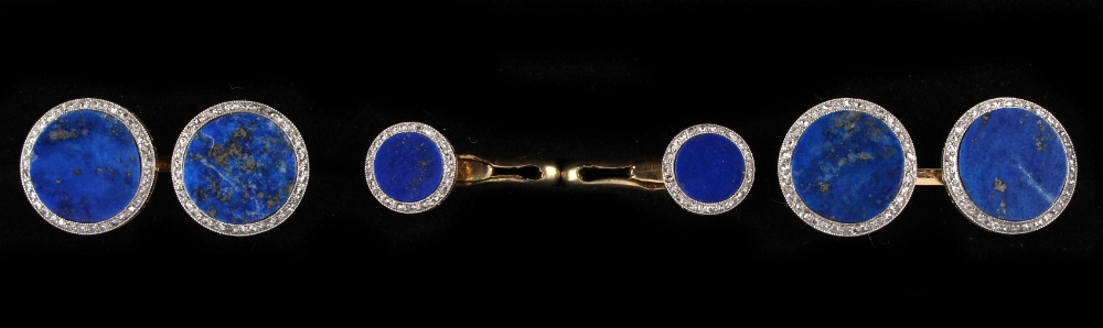 A boxed pair of 18ct yellow gold lapis lazuli & diamond cufflinks, together with a matching pair