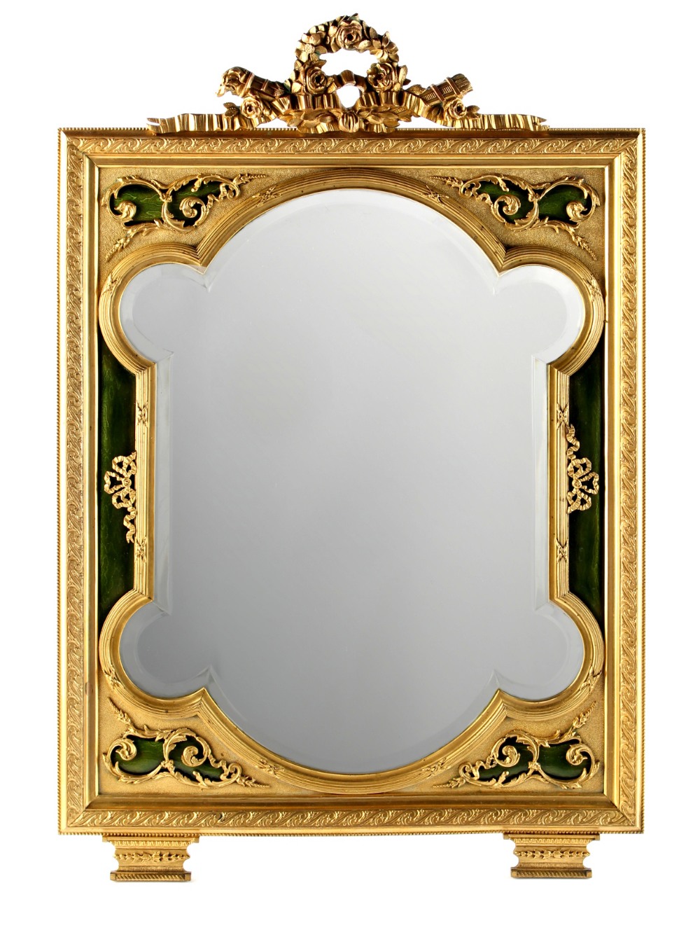 A good quality late 19th century French ormolu & green guilloche enamel easel dressing mirror,