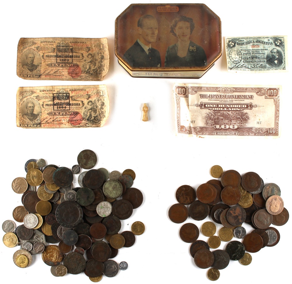 Property of a gentleman - coins - a tin containing assorted coins & banknotes including a 1797