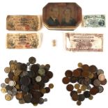 Property of a gentleman - coins - a tin containing assorted coins & banknotes including a 1797