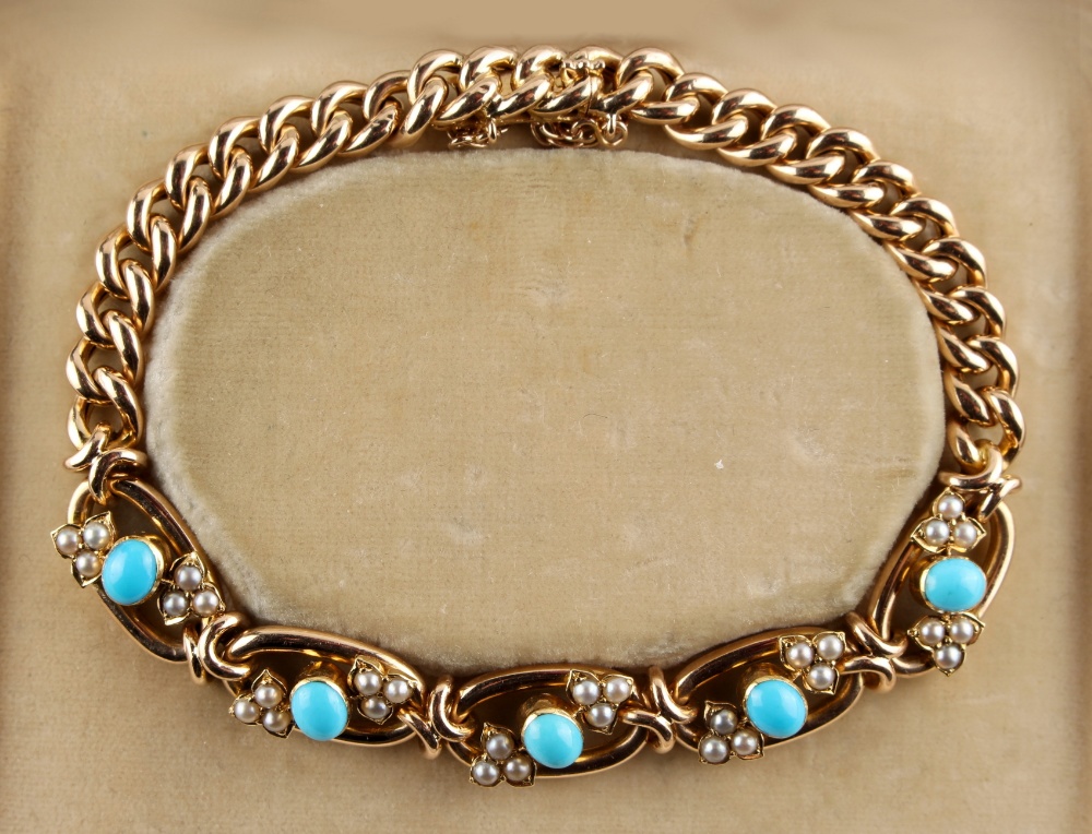 A late 19th / early 20th century 15ct yellow gold chain bracelet set with turquoise & seed pearls,