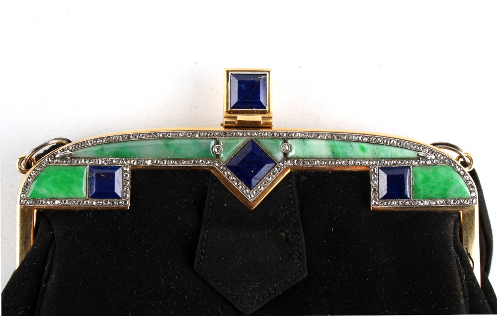 A good 18ct yellow gold jadeite lapis lazuli & diamond mounted black velvet evening bag, with - Image 2 of 3