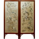 A late 19th / early 20th century two-fold screen with Chinese embroidered silk double sided panels
