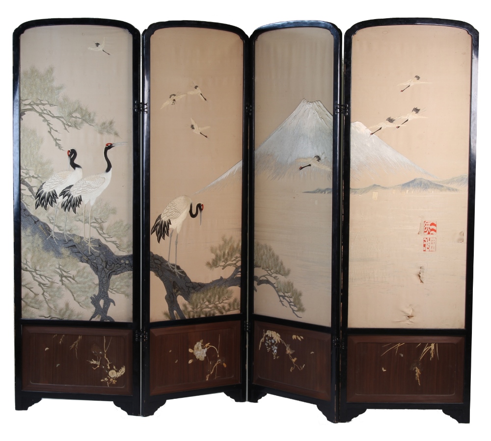 A four-panel screen, late 19th / early 20th century, with embroidered silk panels depicting red - Image 2 of 2