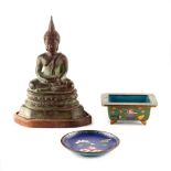 Property of a deceased estate - a bronze model of Buddha, 20th century, on fitted wooden base, 6.