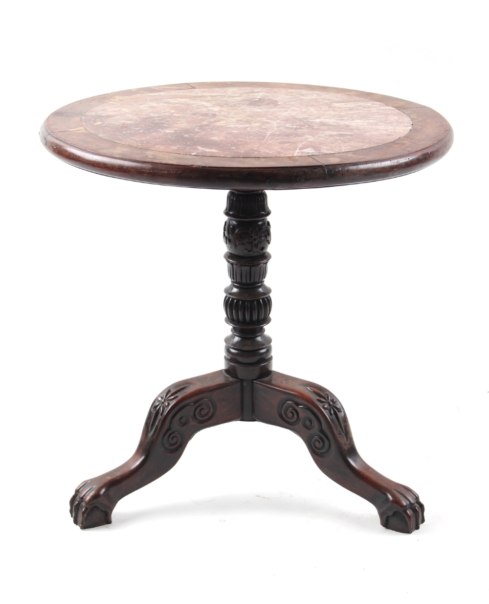 A Chinese hongmu & pink marble inset circular topped occasional table, circa 1900, with carved