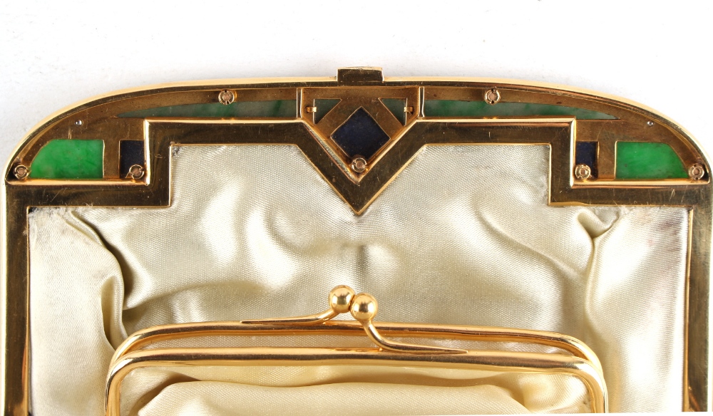 A good 18ct yellow gold jadeite lapis lazuli & diamond mounted black velvet evening bag, with - Image 3 of 3