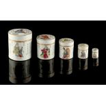 A graduated set of five Chinese famille rose cylindrical jars & covers, late 19th century, painted