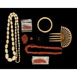 Property of a lady - a bag containing assorted ivory & coral jewellery including an ivory