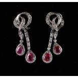A fine pair of unheated Burmese ruby & diamond tasselled ribbon earrings, each with two pear