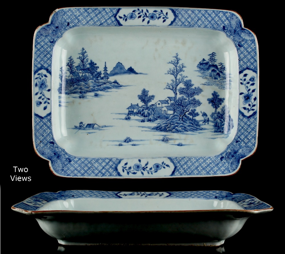 Property of a lady - a Chinese blue & white exportware rectangular shallow vegetable dish with re-