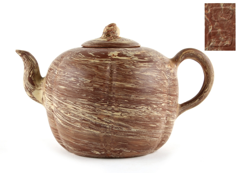 A Chinese Yixing agateware teapot, of hexagonal lobed form, two indistinct seal marks to base, 4.