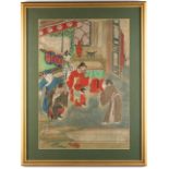 A Chinese painting on silk depicting a dignitary & four attendants in interior, 19th century, the