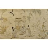 A late 19th / early 20th century Chinese embroidered silk panel depicting three figures in garden