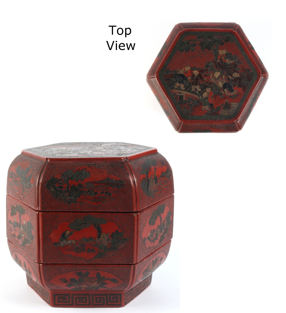 The Fryers Collection of Chinese Art - a Chinese lacquered hexagonal two-tier box & cover,