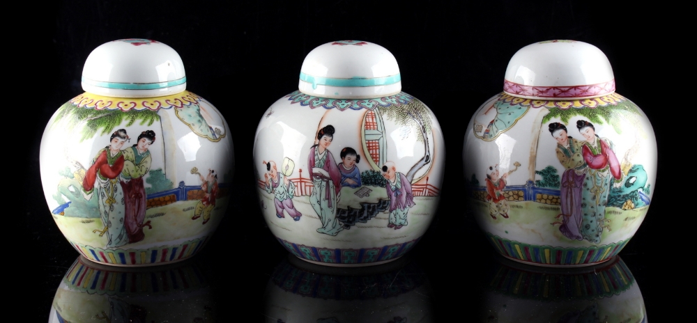 Property of a gentleman - three Chinese famille rose ovoid ginger jars & covers, early / mid 20th