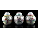 Property of a gentleman - three Chinese famille rose ovoid ginger jars & covers, early / mid 20th