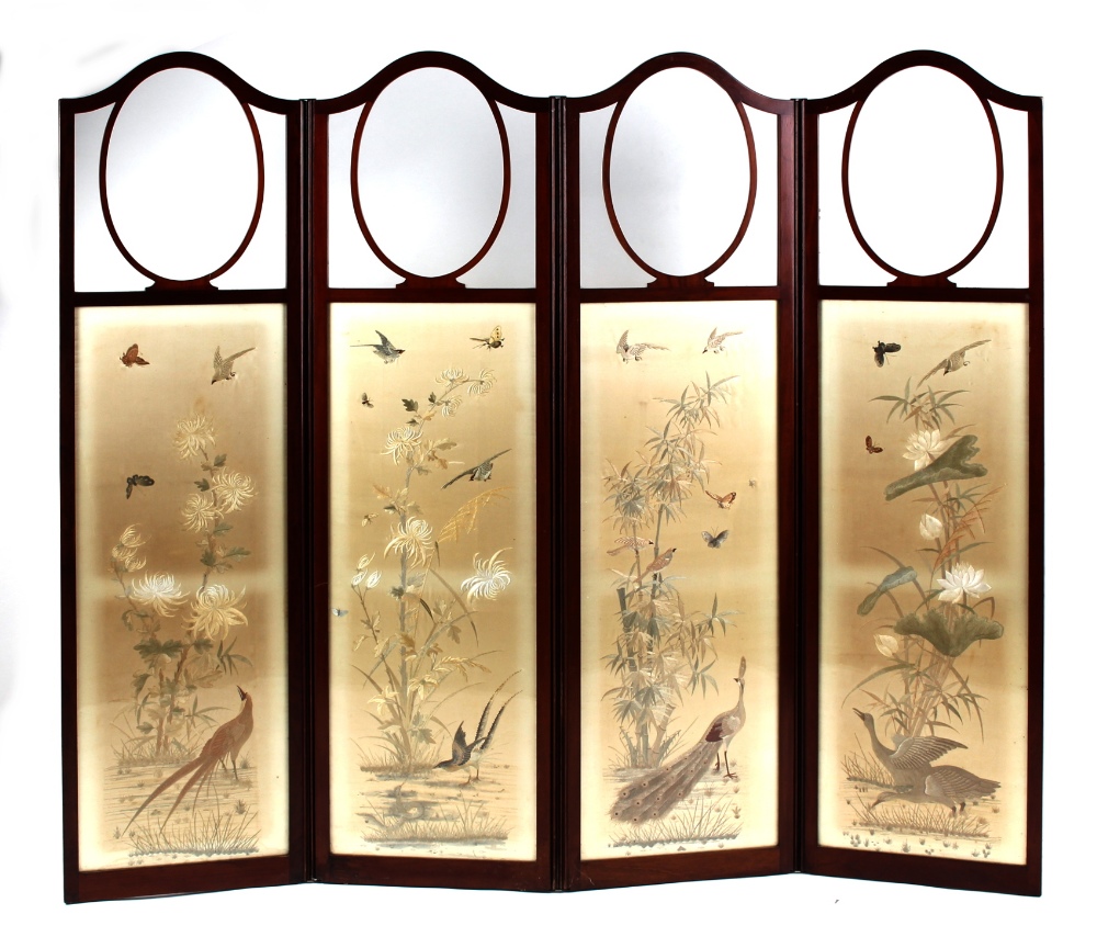 Property of a gentleman - a late 19th / early 20th century mahogany four panel screen, with