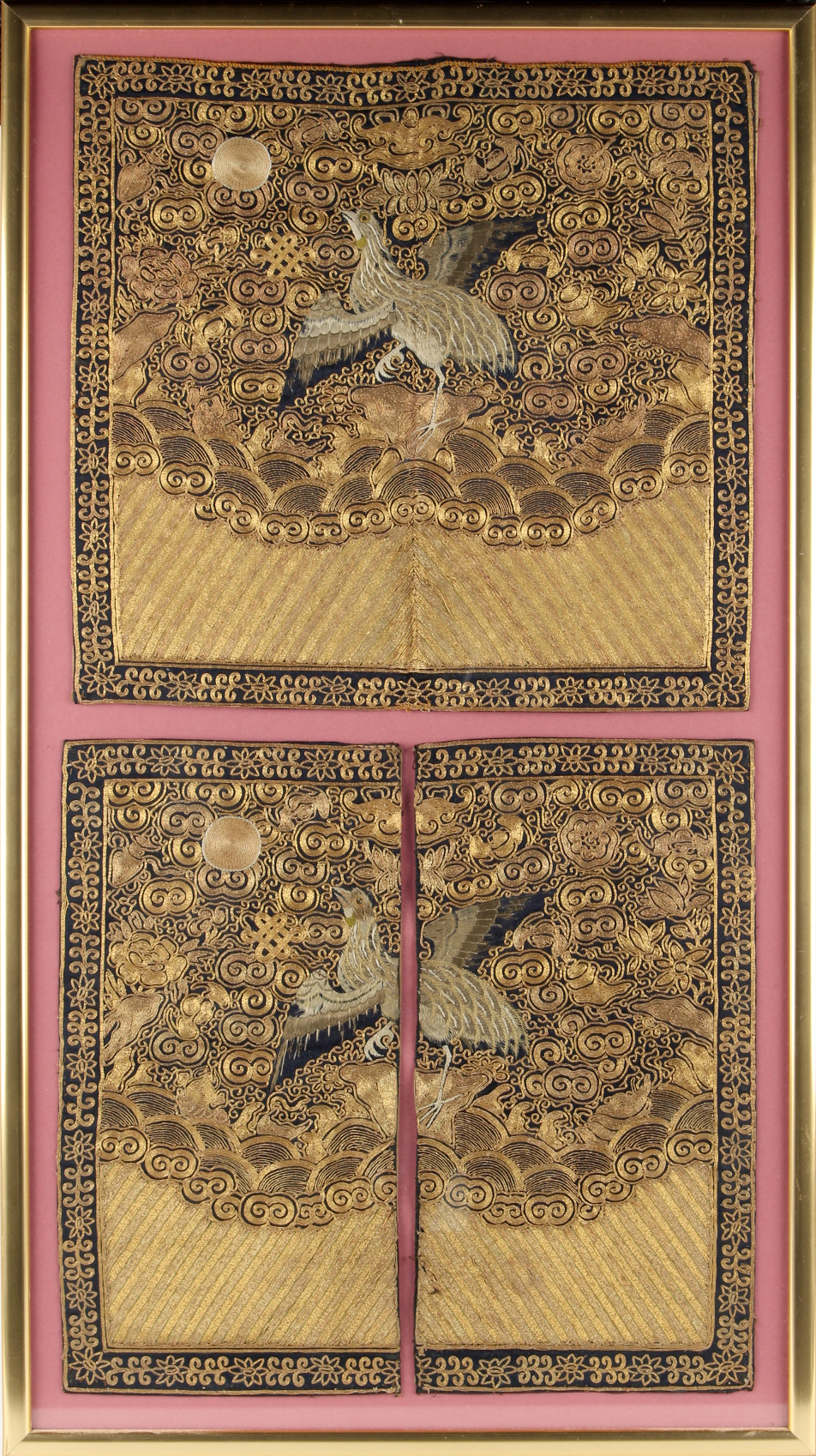 Property of a lady - a pair of Chinese embroidered silk rank badges, front & back, each decorated