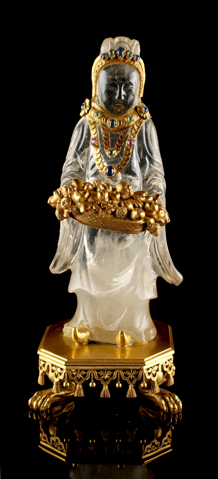 A 'jewelled' ormolu mounted carved rock crystal figure of Guanyin, retailed by Cartier, 9.7ins. (