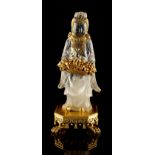 A 'jewelled' ormolu mounted carved rock crystal figure of Guanyin, retailed by Cartier, 9.7ins. (