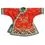 A Chinese embroidered red silk dragon jacket, late 19th / early 20th century, with lishui border (