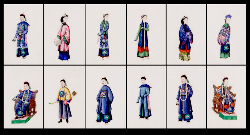 A set of twelve 19th century Chinese paintings on pith paper depicting court figures, the
