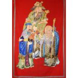 A Chinese red felt banner with embroidered silk standing Immortals, early 20th century, 104 by