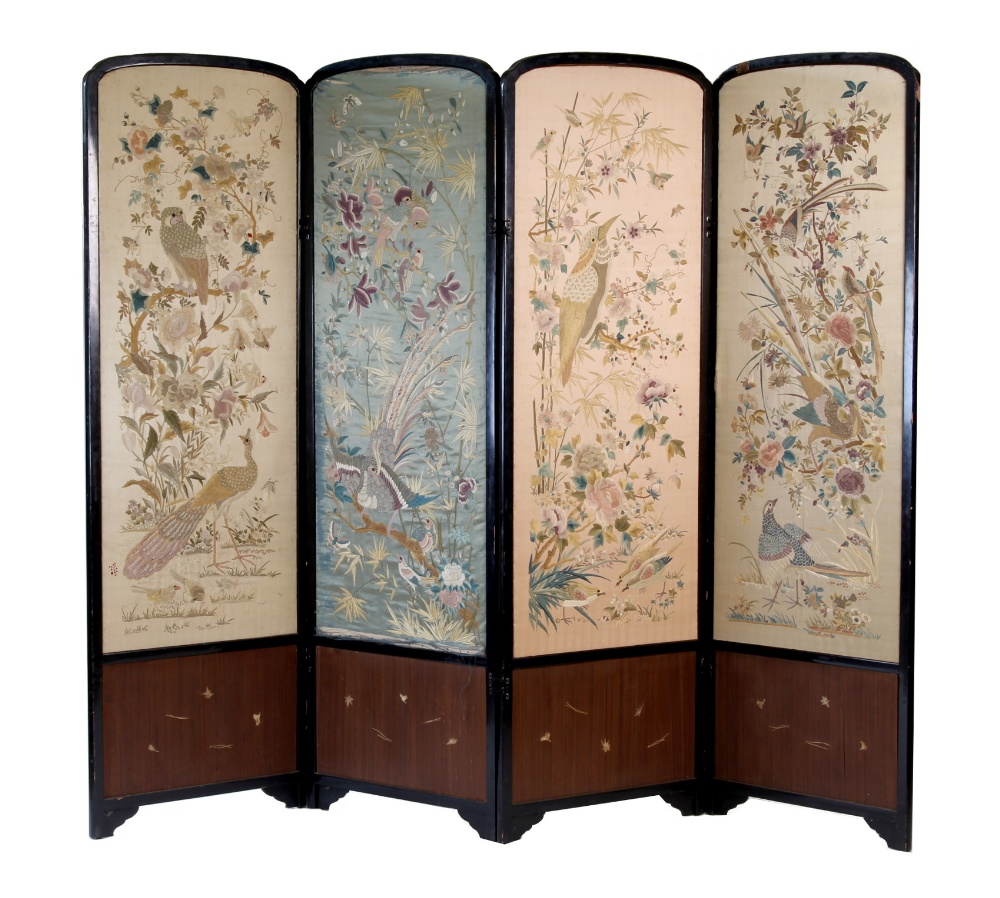 A four-panel screen, late 19th / early 20th century, with embroidered silk panels depicting red