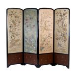 A four-panel screen, late 19th / early 20th century, with embroidered silk panels depicting red