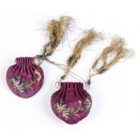 A pair of Chinese purple silk purses, late 19th / early 20th century, each embroidered with bats &