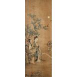 A 19th century Chinese scroll painting on paper depicting two ladies in gardens, with red seal,