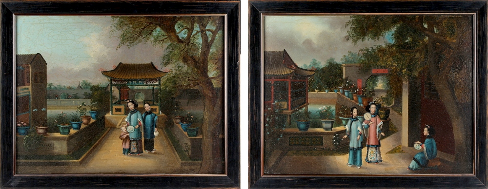 A good pair of Chinese oils on canvas depicting figures in court gardens, 18th / 19th century,