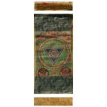 A Tibetan thanka or thangka, 18th century or earlier, on linen, with triangle to centre, ink