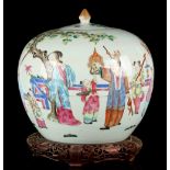 A late 19th / early 20th century Chinese famille rose ovoid ginger jar & cover, painted with figures